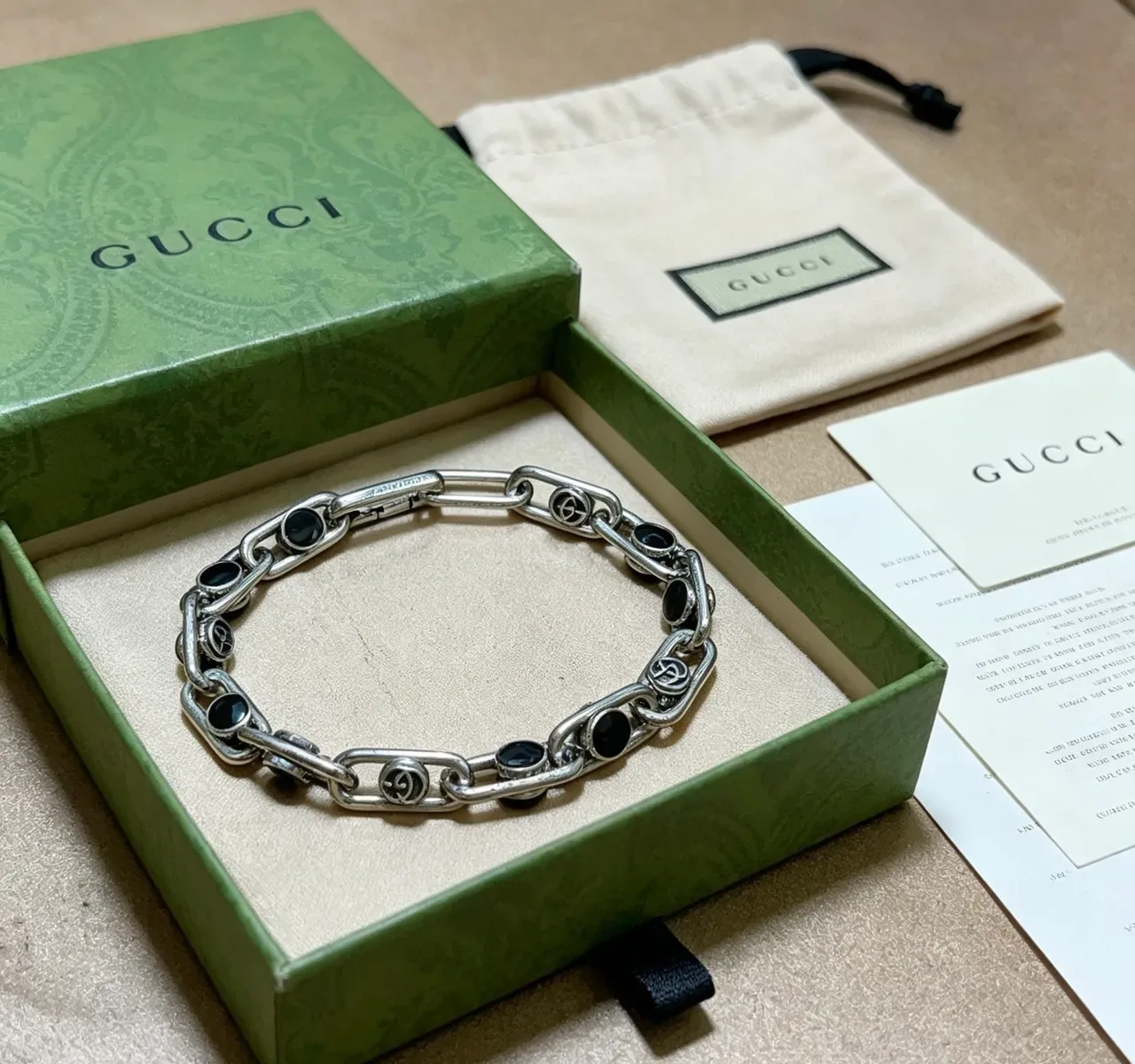 Gucci Interlocking G Chain Silver and Black Bracelet 6