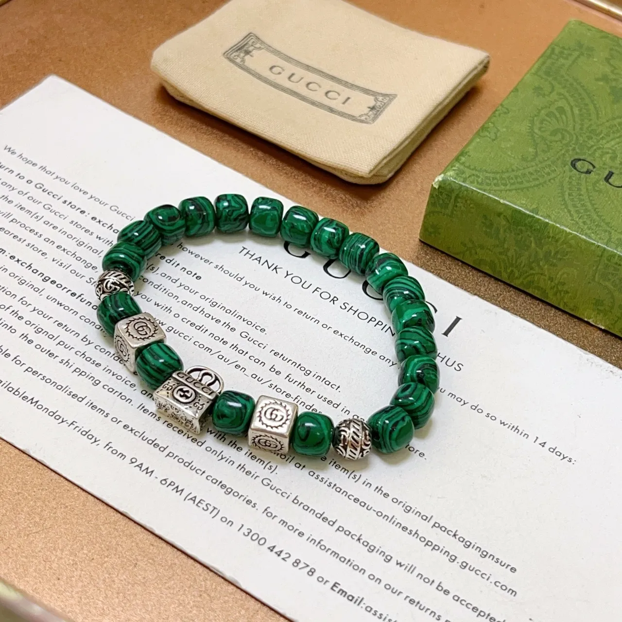 Gucci Malachite Bead and Interlocking G Charm Bracelet 3