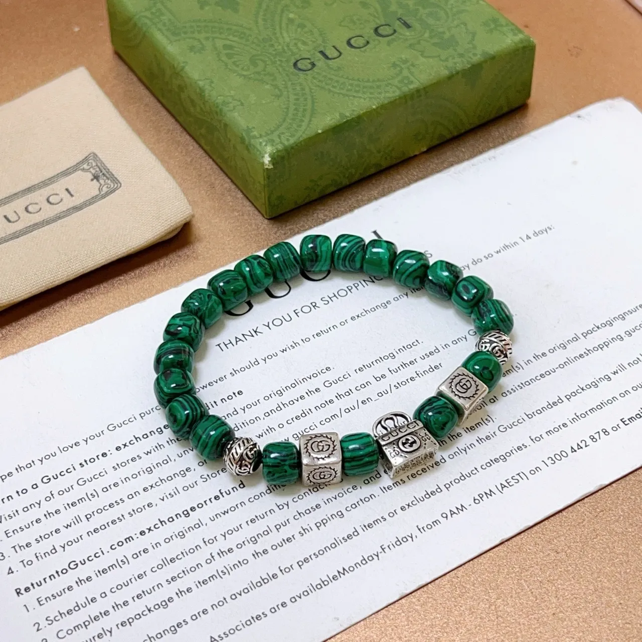Gucci Malachite Bead and Interlocking G Charm Bracelet 5