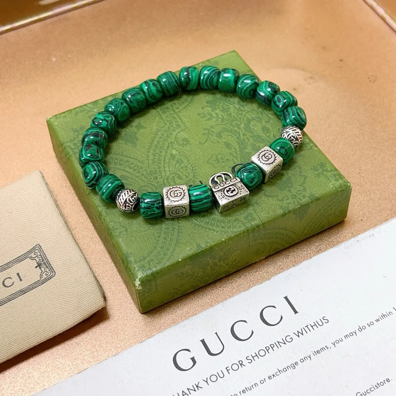 Gucci Malachite Bead and Interlocking G Charm Bracelet 6