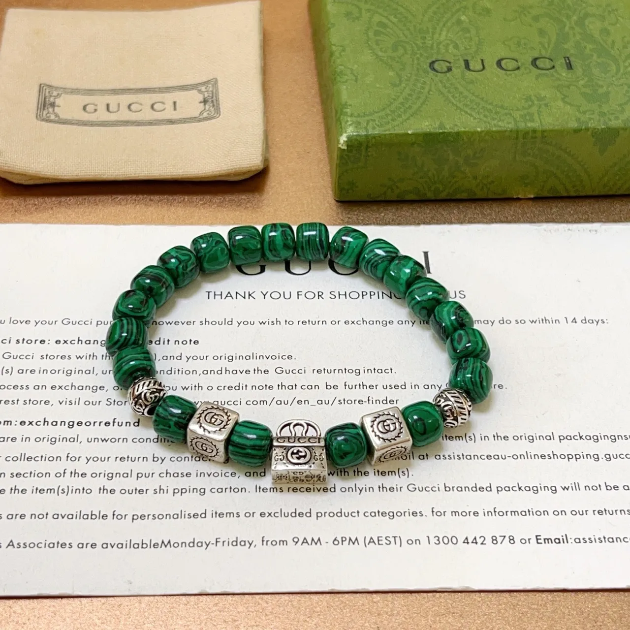 Gucci Malachite Bead and Interlocking G Charm Bracelet 9