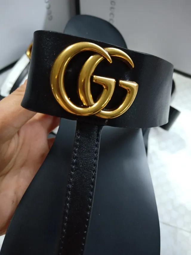 Gucci Marmont Slide Black Leather Gold Buckle Slippers 4