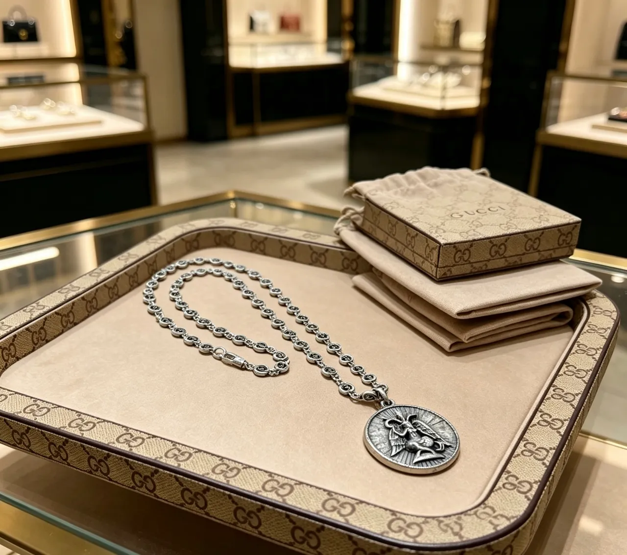 Gucci Medallion Pendant Silver Beige Necklace 6