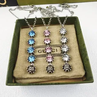 Gucci Multicolor Silver Crystal-Studded Pendant Multi-Stone Vertical Drop Necklace
