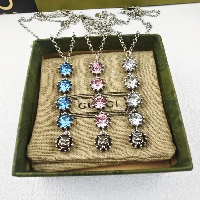Gucci Multicolor Silver Crystal-Studded Pendant Multi-Stone Vertical Drop Necklace 1