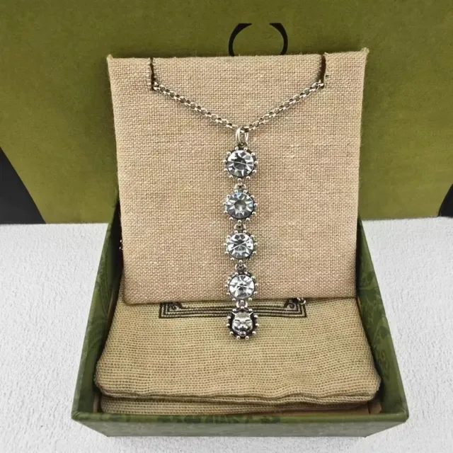 Gucci Multicolor Silver Crystal-Studded Pendant Multi-Stone Vertical Drop Necklace 3