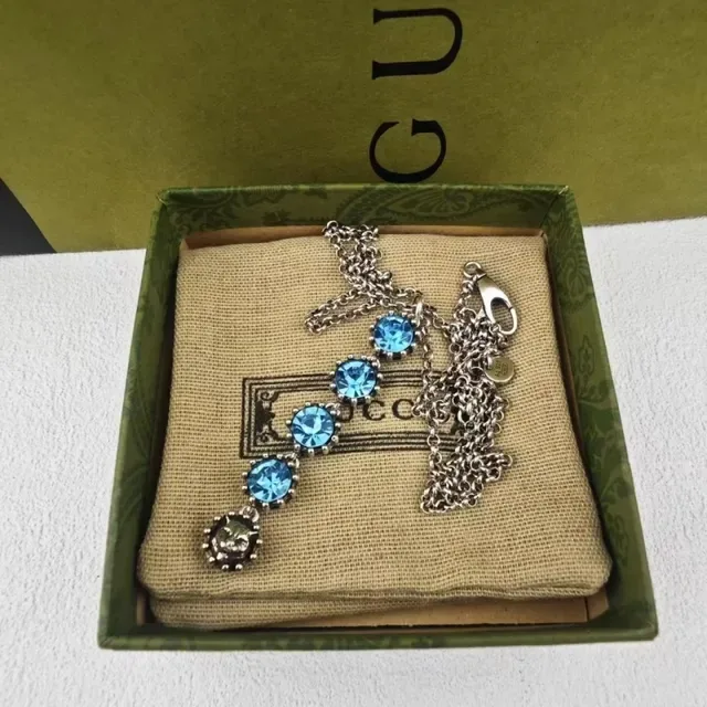 Gucci Multicolor Silver Crystal-Studded Pendant Multi-Stone Vertical Drop Necklace 7