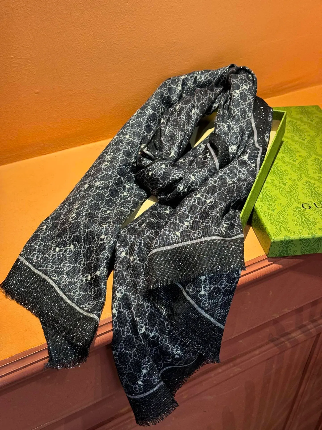Gucci Navy White Monogram-Patterned Fringed Edges Silk Scarf 8
