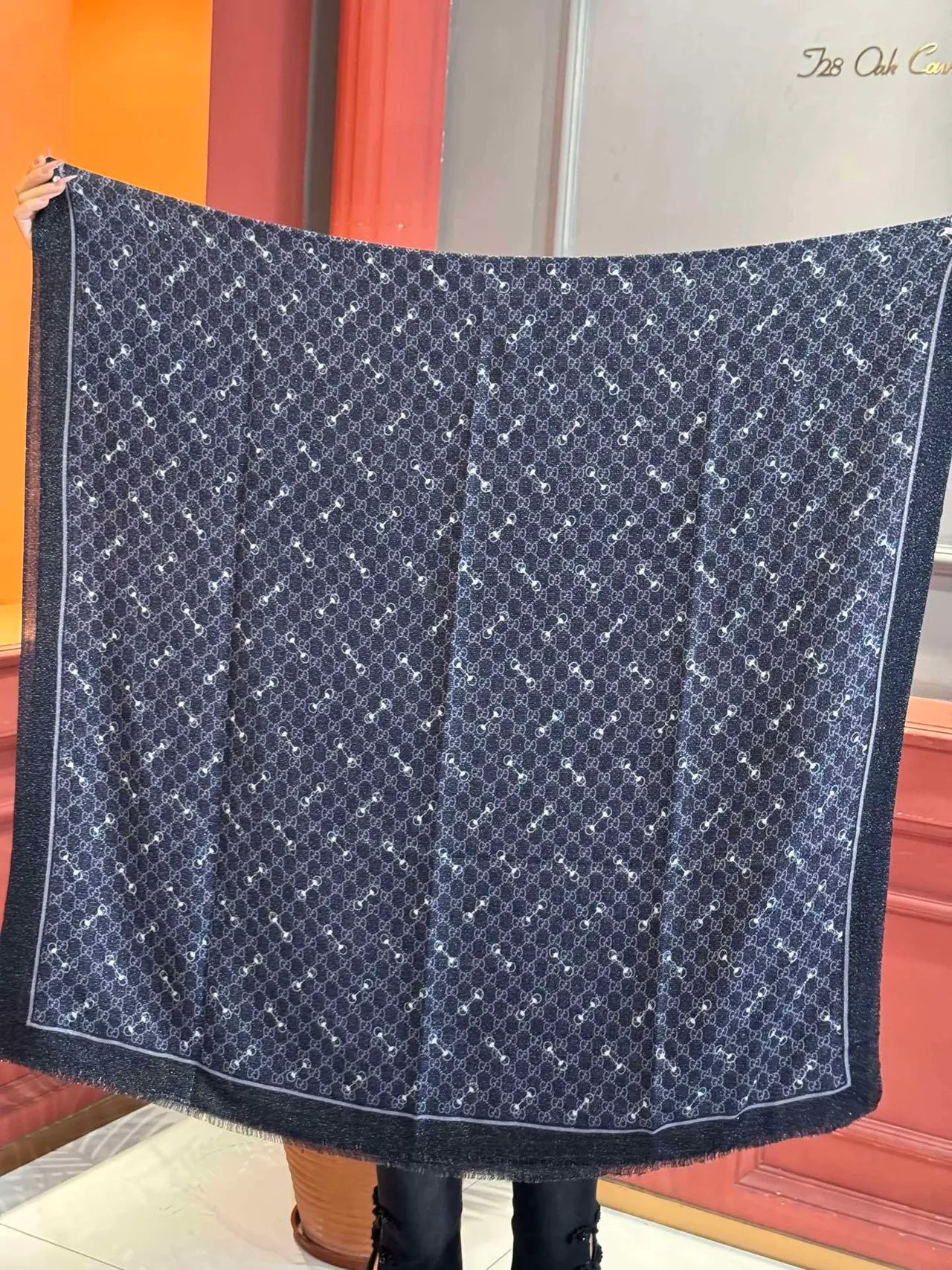 Gucci Navy White Monogram-Patterned Fringed Edges Silk Scarf 9