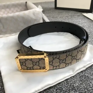 Gucci Ophidia Beige Black GG Monogram Canvas Gold-Tone Rectangular Buckle Leather Belt
