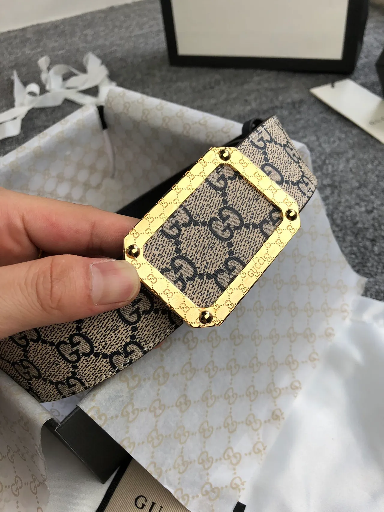 Gucci Ophidia Beige Black GG Monogram Canvas Gold-Tone Rectangular Buckle Leather Belt 2