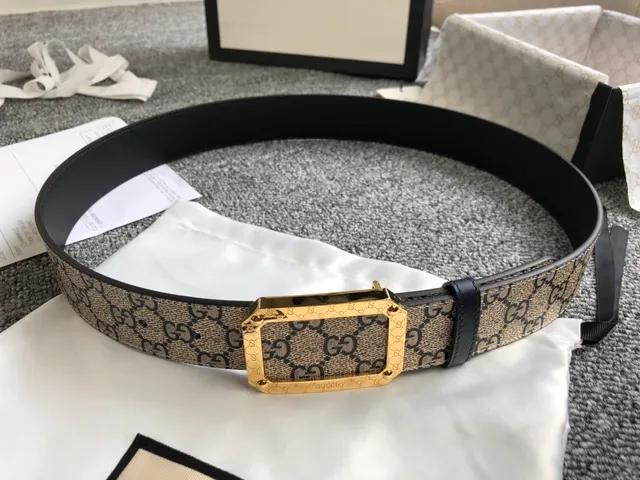 Gucci Ophidia Beige Black GG Monogram Canvas Gold-Tone Rectangular Buckle Leather Belt 4