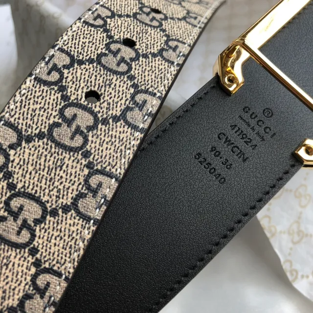 Gucci Ophidia Beige Black GG Monogram Canvas Gold-Tone Rectangular Buckle Leather Belt 5