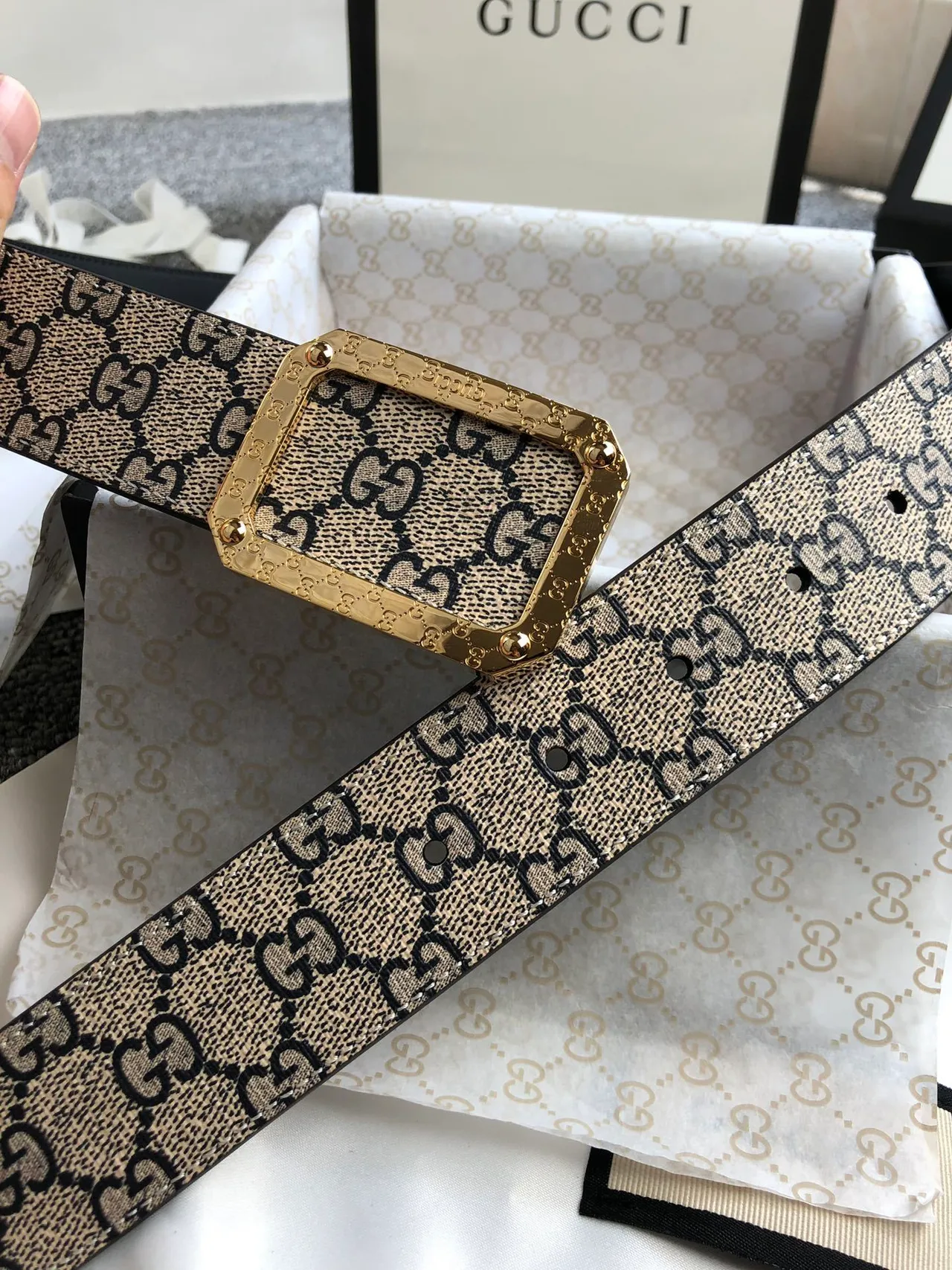 Gucci Ophidia Beige Black GG Monogram Canvas Gold-Tone Rectangular Buckle Leather Belt 6