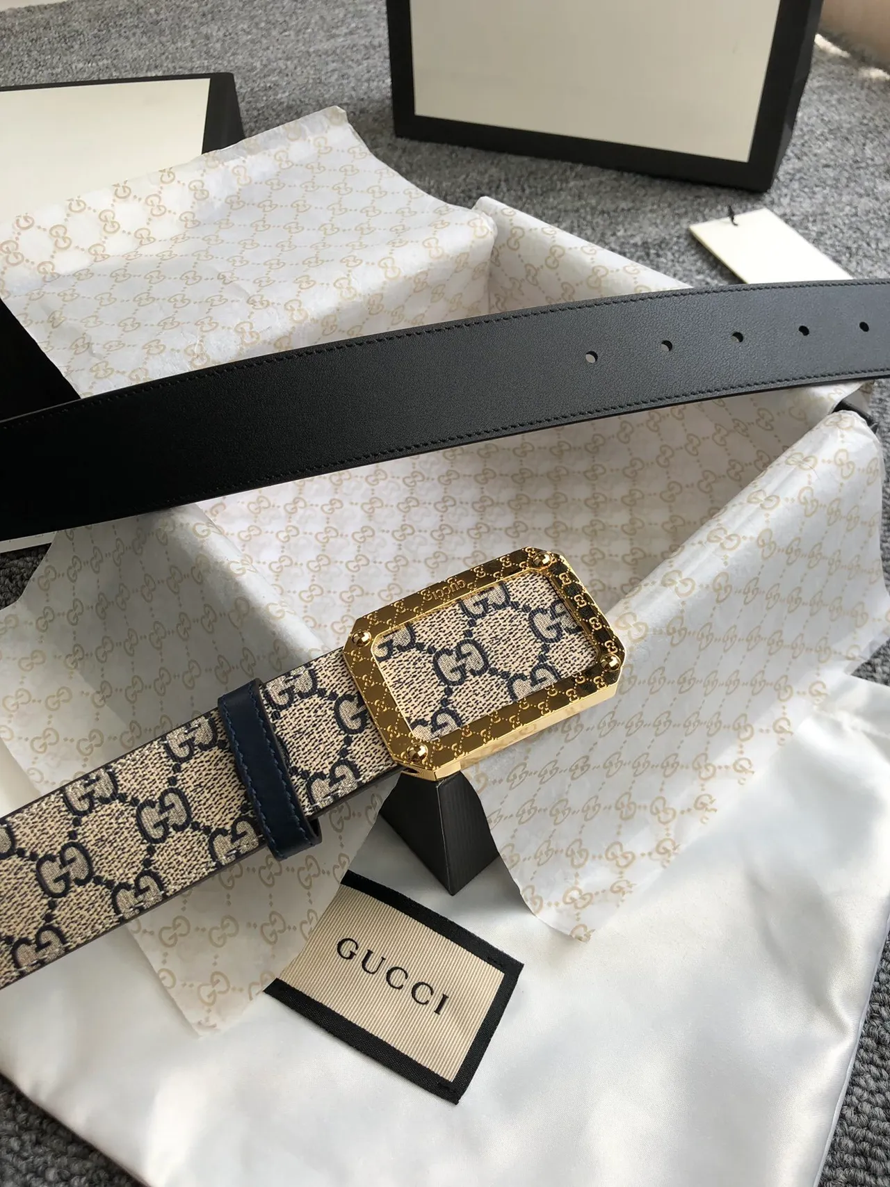 Gucci Ophidia Beige Black GG Monogram Canvas Gold-Tone Rectangular Buckle Leather Belt 7