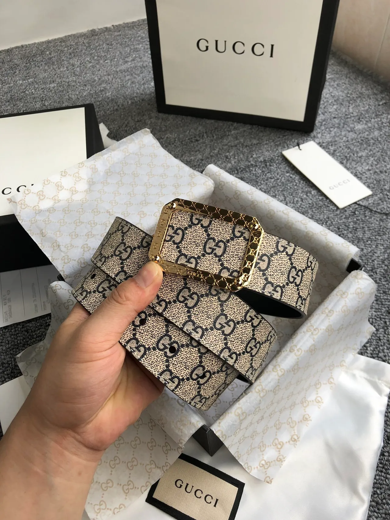 Gucci Ophidia Beige Black GG Monogram Canvas Gold-Tone Rectangular Buckle Leather Belt 9