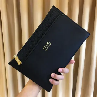 Gucci Ophidia Black Gold Matte Leather Embossed GG Monogram Trim Envelope Clutch