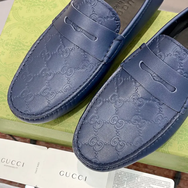 Gucci Ophidia Blue Embossed GG Monogram Loafers 7