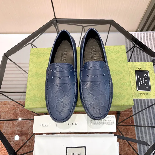 Gucci Ophidia Blue Embossed GG Monogram Loafers 8