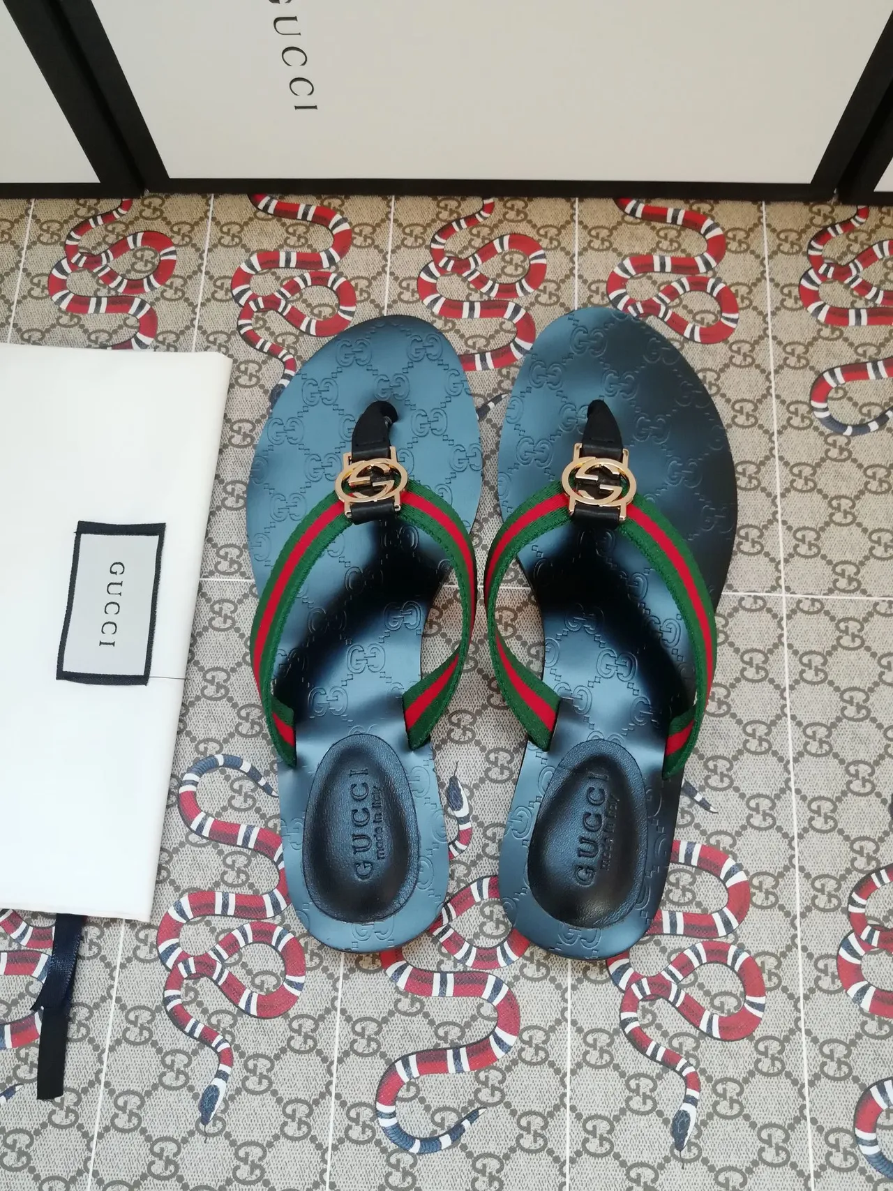 Gucci Ophidia Blue Embossed GG Web Strap Slippers 3