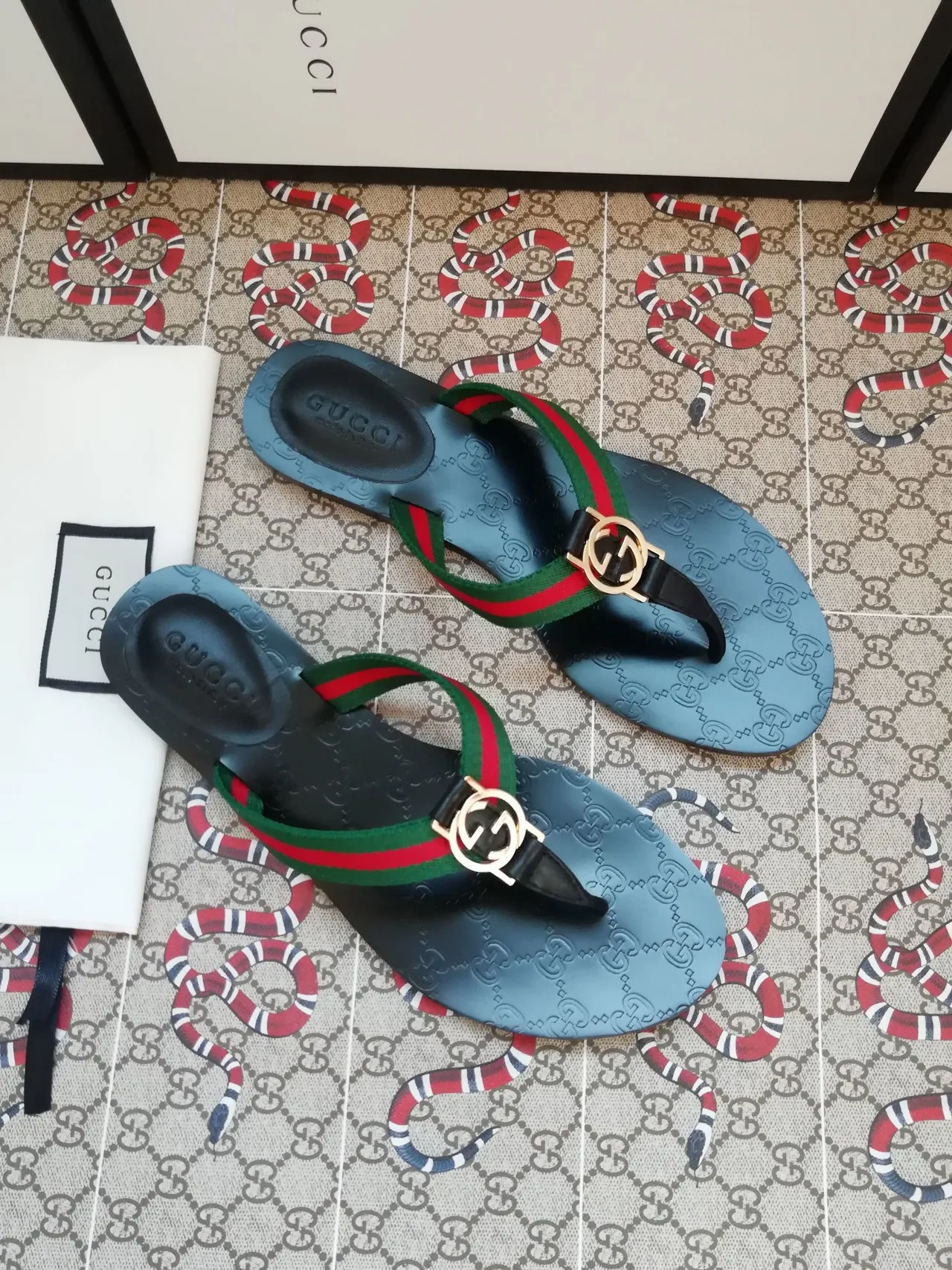 Gucci Ophidia Blue Embossed GG Web Strap Slippers 4