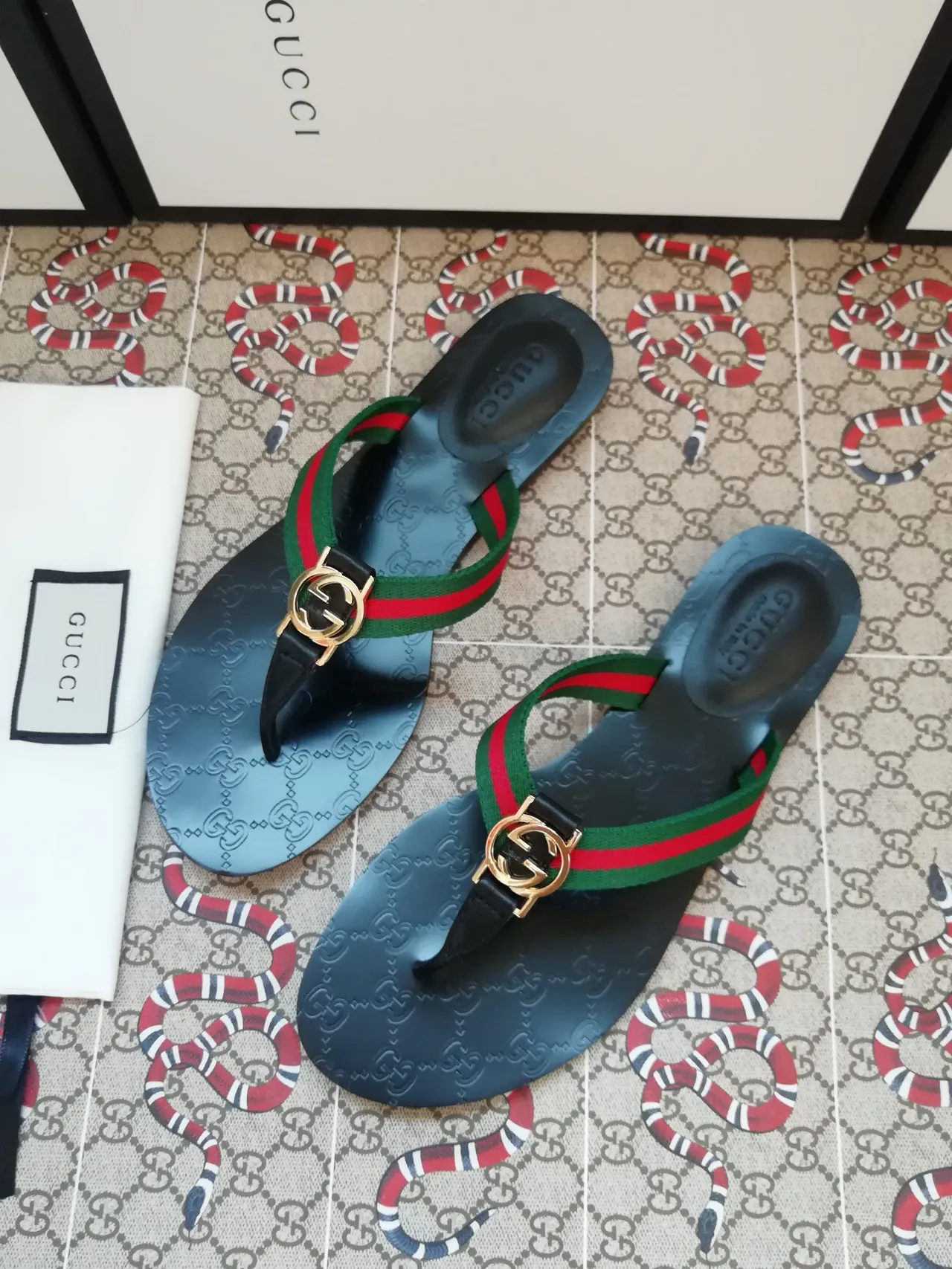 Gucci Ophidia Blue Embossed GG Web Strap Slippers 5