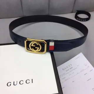 Gucci Ophidia Navy Gold Octagonal Buckle Interlocking G Logo Leather Belt