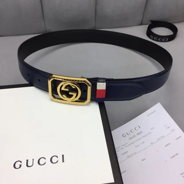 Gucci Ophidia Navy Gold Octagonal Buckle Interlocking G Logo Leather Belt 1