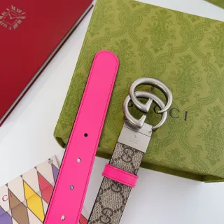 Gucci Ophidia Pink Beige Interlocking Double G Buckle GG Monogram Canvas Leather Belt