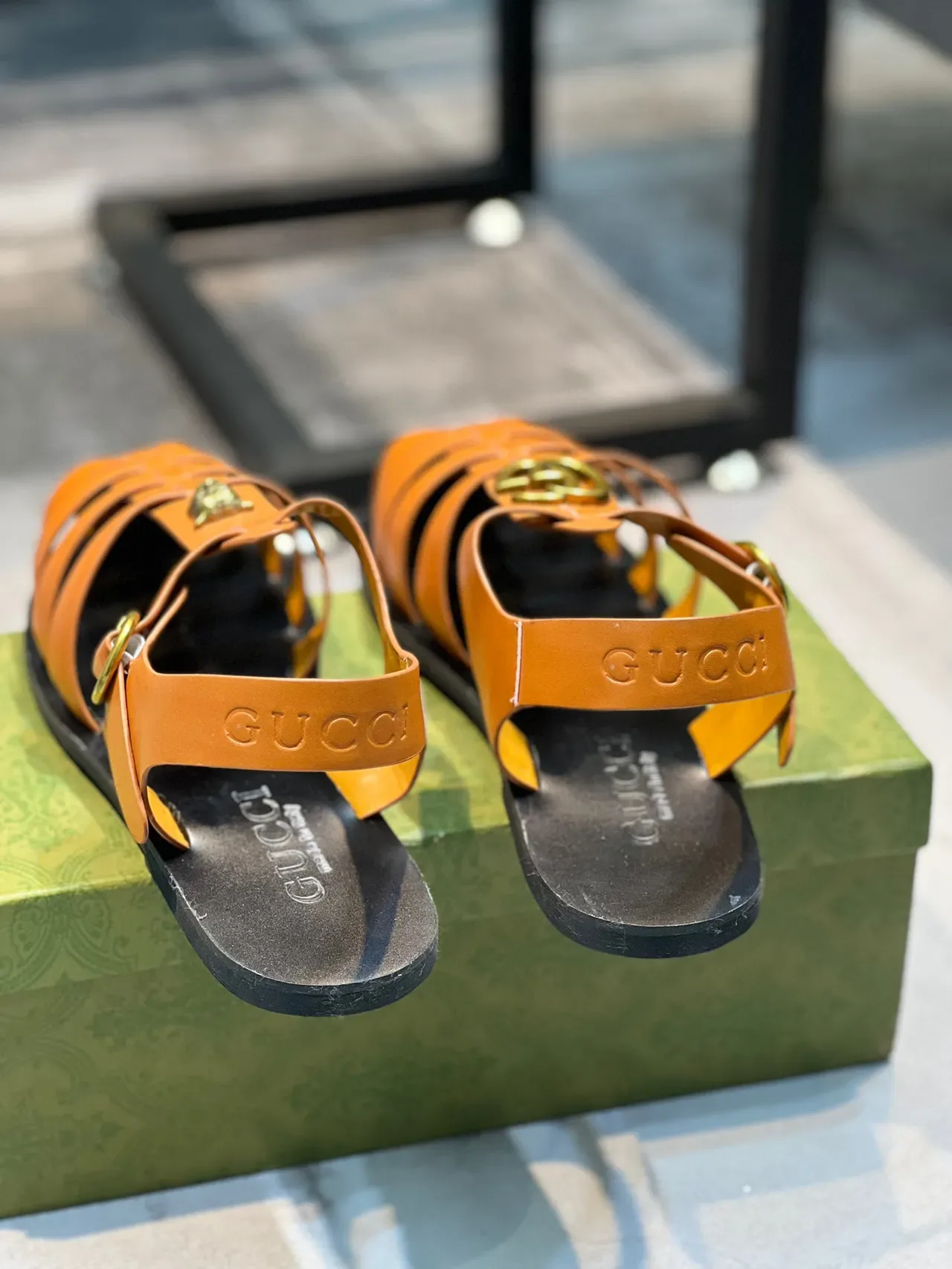 Gucci Orange Black Woven Leather Straps Tiger-Head Medallion Gladiator Sandals 2