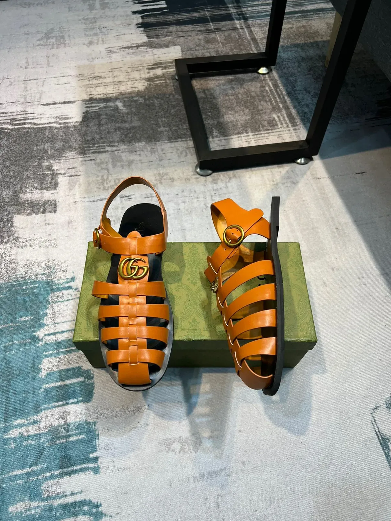 Gucci Orange Black Woven Leather Straps Tiger-Head Medallion Gladiator Sandals 4