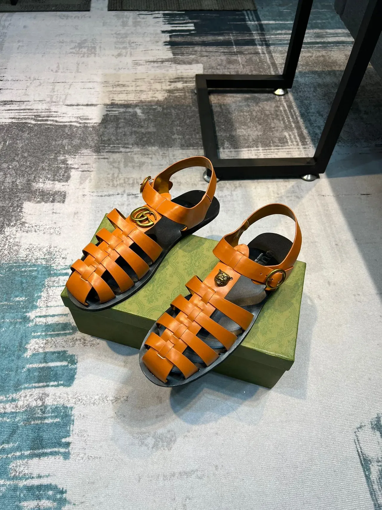 Gucci Orange Black Woven Leather Straps Tiger-Head Medallion Gladiator Sandals 5