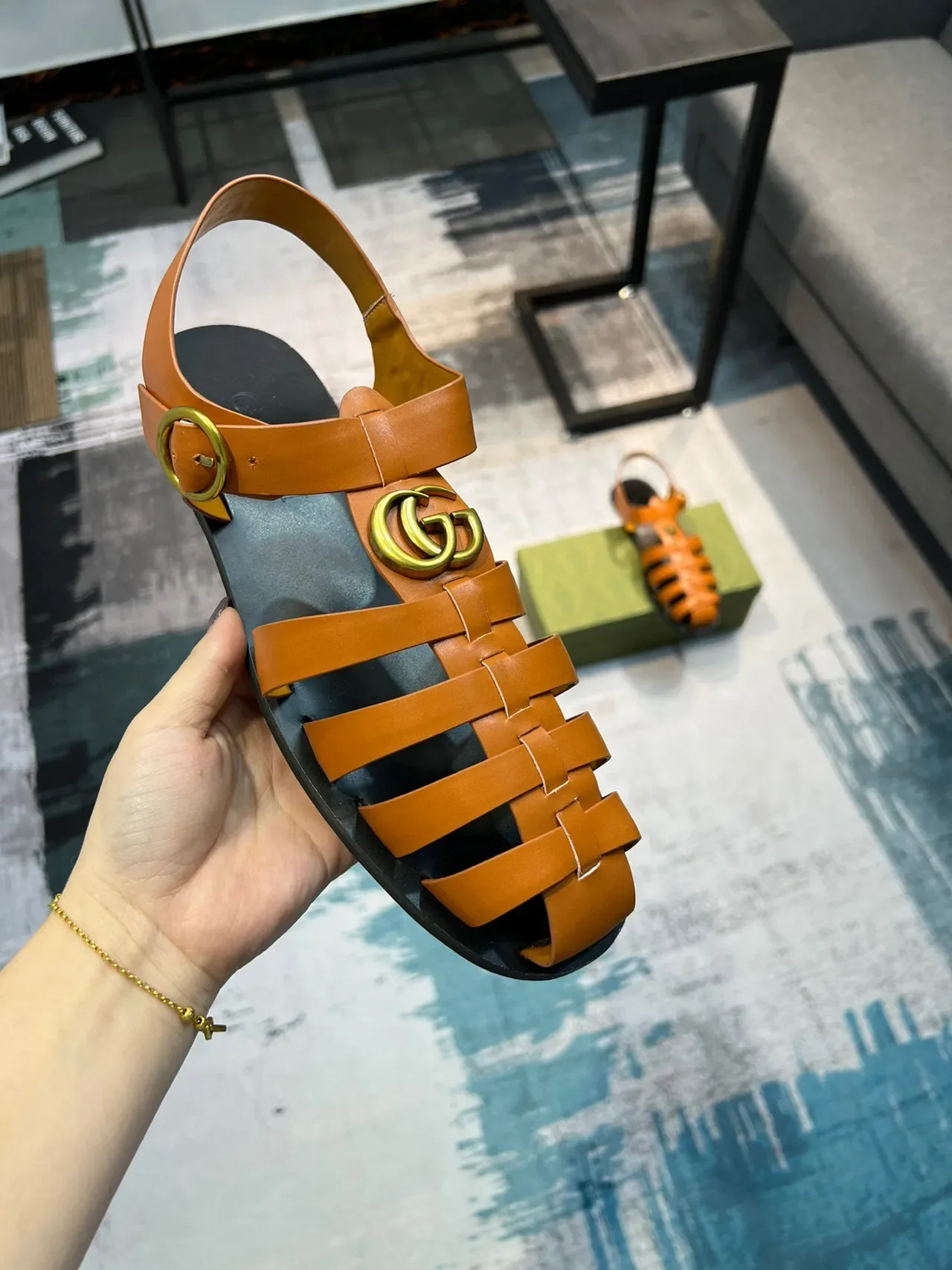 Gucci Orange Black Woven Leather Straps Tiger-Head Medallion Gladiator Sandals 6