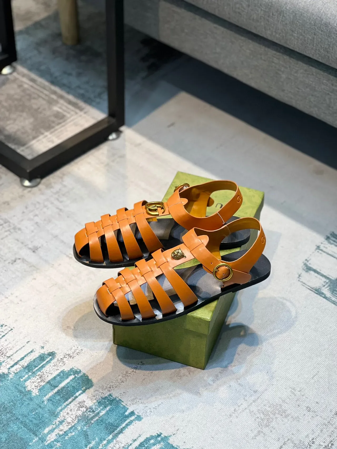 Gucci Orange Black Woven Leather Straps Tiger-Head Medallion Gladiator Sandals 7