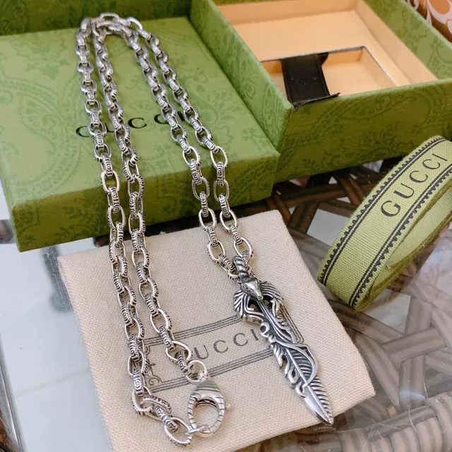 Gucci Ornate Silver Feather Animal Head Pendant Necklace 2