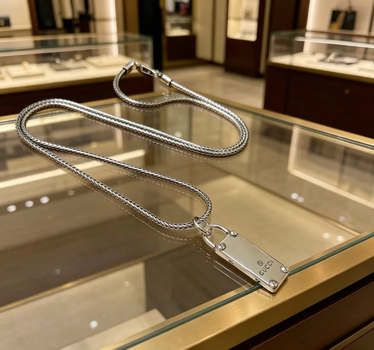 Gucci Padlock Silver Braided Snake Chain Pendant Necklace 2