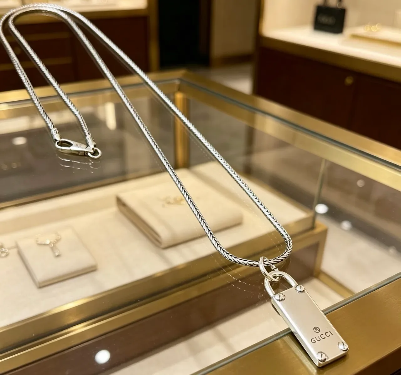 Gucci Padlock Silver Braided Snake Chain Pendant Necklace 7