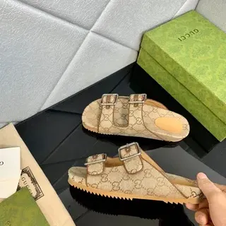 Gucci Princetown-Style Double-Buckle GG Monogram Beige Slippers