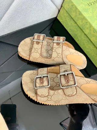 Gucci Princetown-Style Double-Buckle GG Monogram Beige Slippers 2