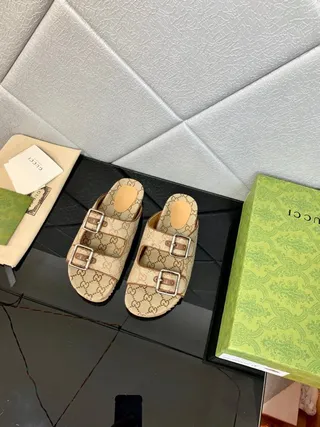 Gucci Princetown-Style Double-Buckle GG Monogram Beige Slippers 3