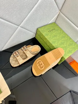 Gucci Princetown-Style Double-Buckle GG Monogram Beige Slippers 4