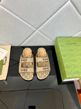 Gucci Princetown-Style Double-Buckle GG Monogram Beige Slippers 6