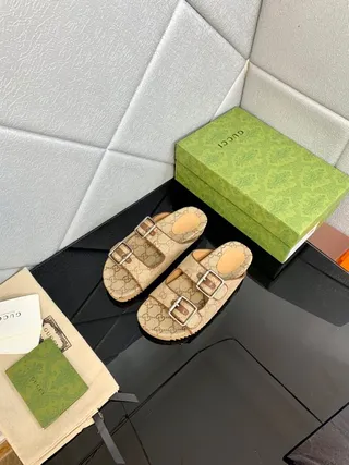 Gucci Princetown-Style Double-Buckle GG Monogram Beige Slippers 7