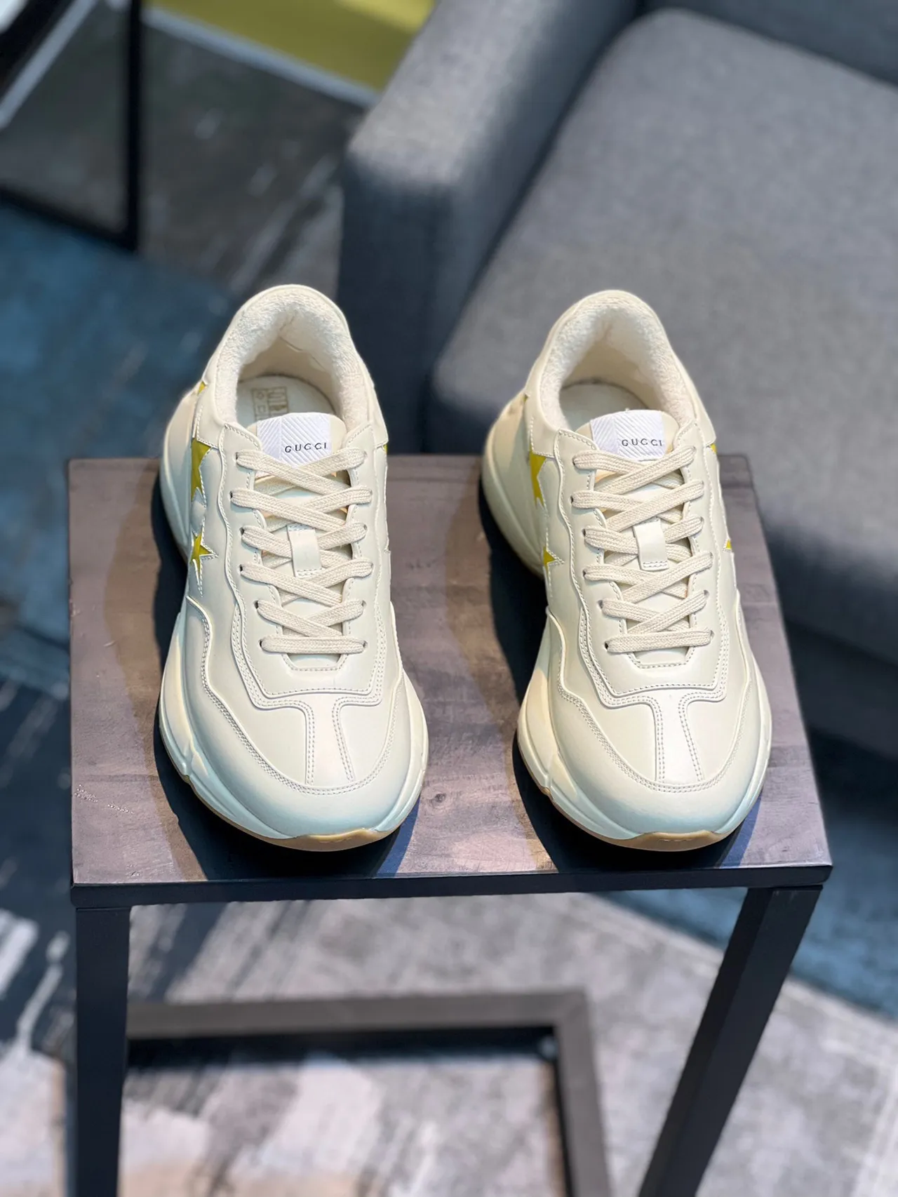 Gucci Screener Beige Yellow Off-White Leather Star Appliqués Lifestyle Sneakers 6