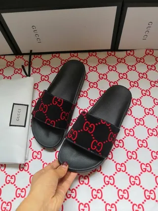 Gucci Screener Black and Red GG Monogram Slippers 9