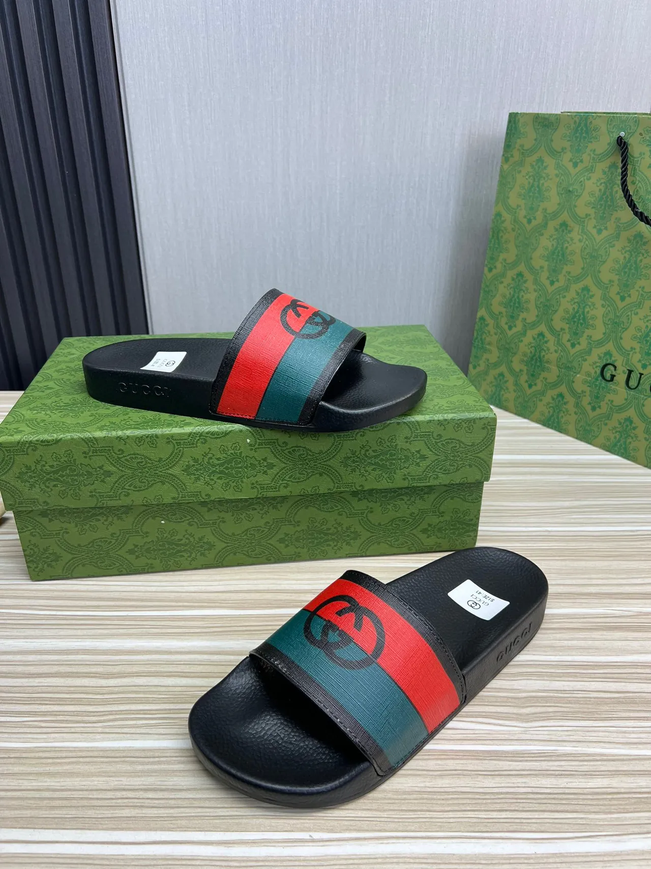 Gucci Screener Black Red Green Web Slide Slippers 8