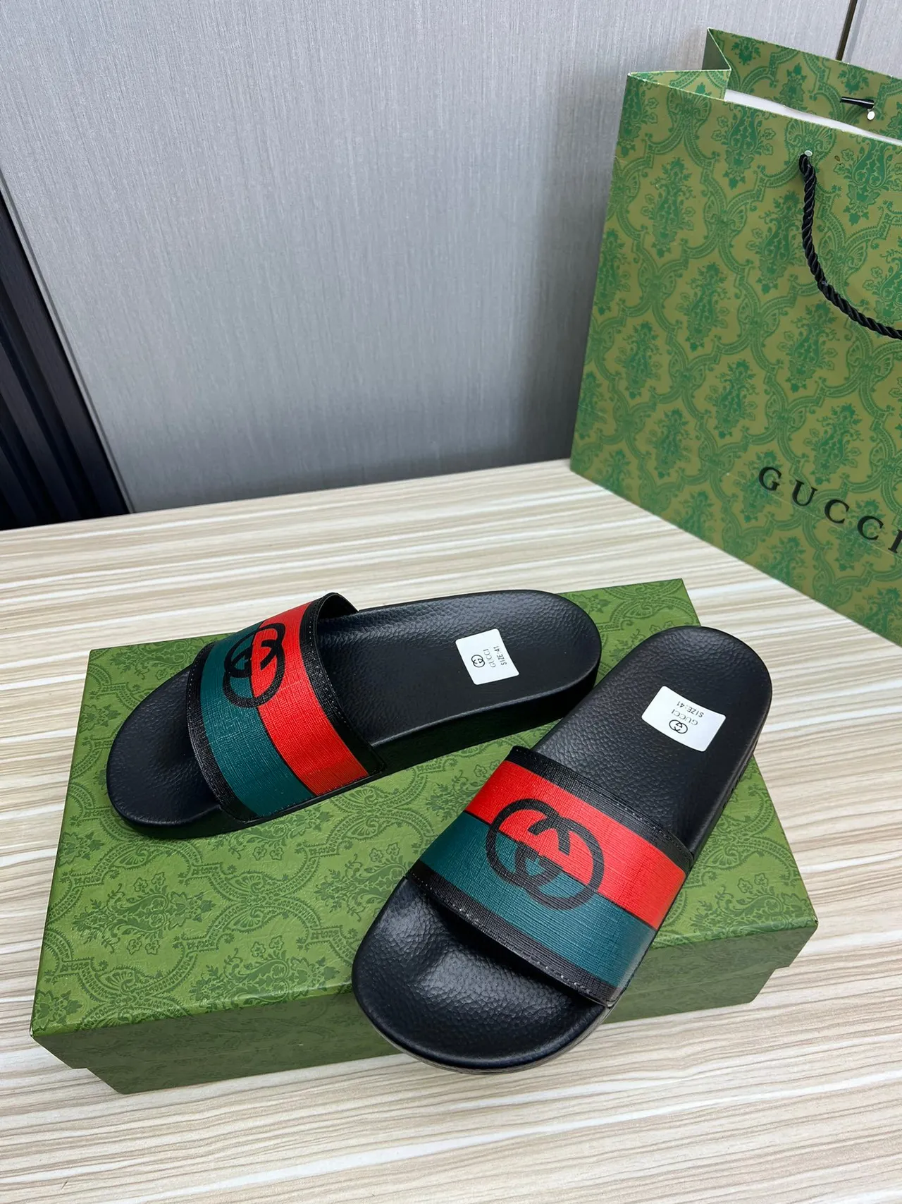Gucci Screener Black Red Green Web Slide Slippers 9