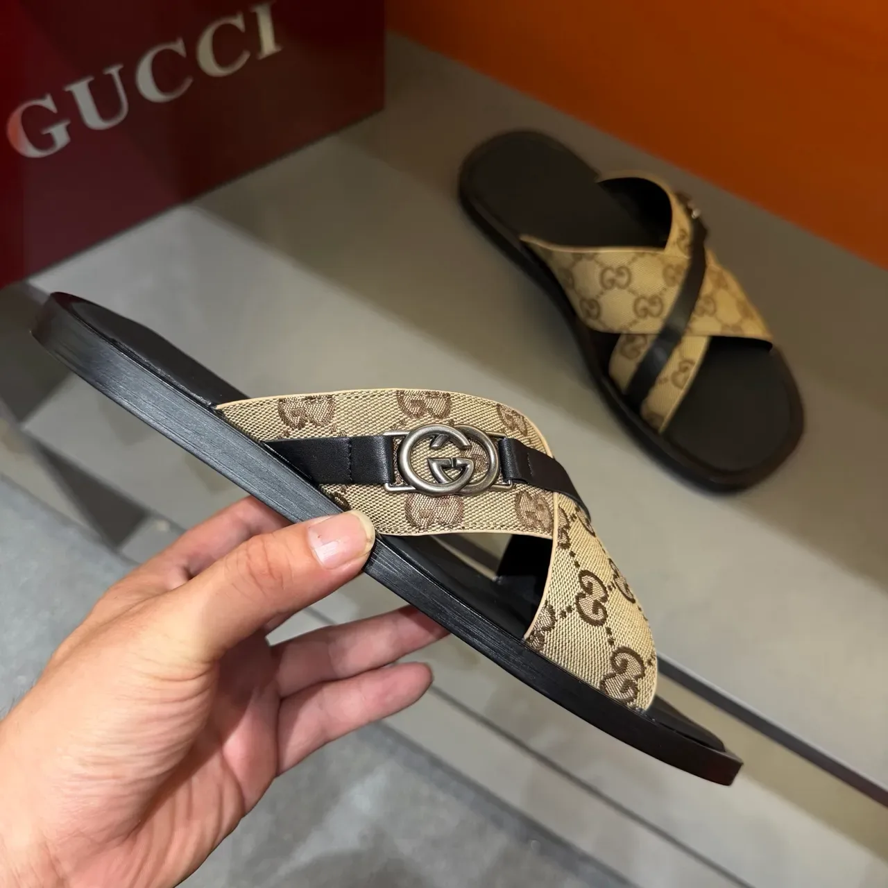 Gucci Screener Cross-Strap Logo-Print Slide Slippers 11