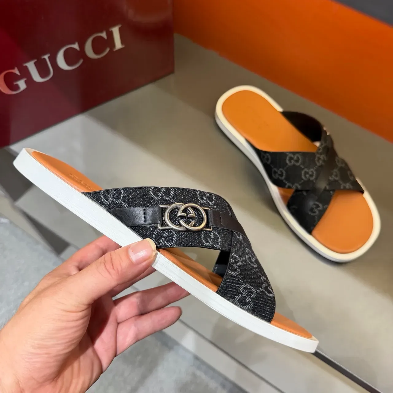 Gucci Screener Cross-Strap Logo-Print Slide Slippers 12