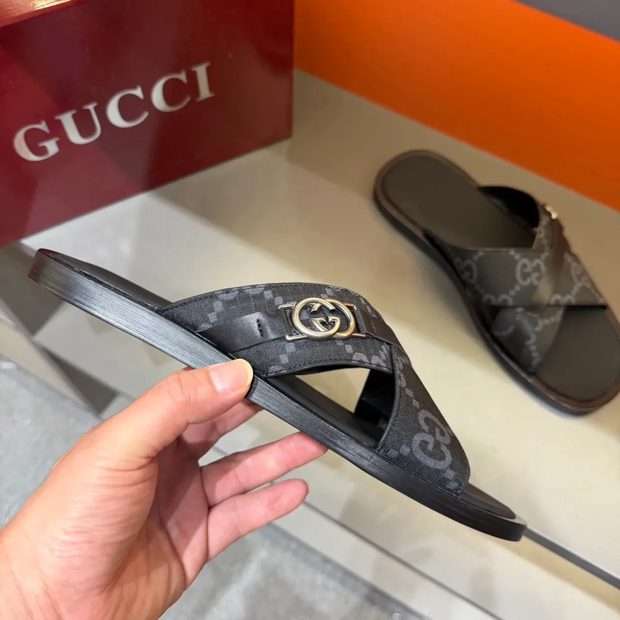 Gucci Screener Cross-Strap Logo-Print Slide Slippers 13